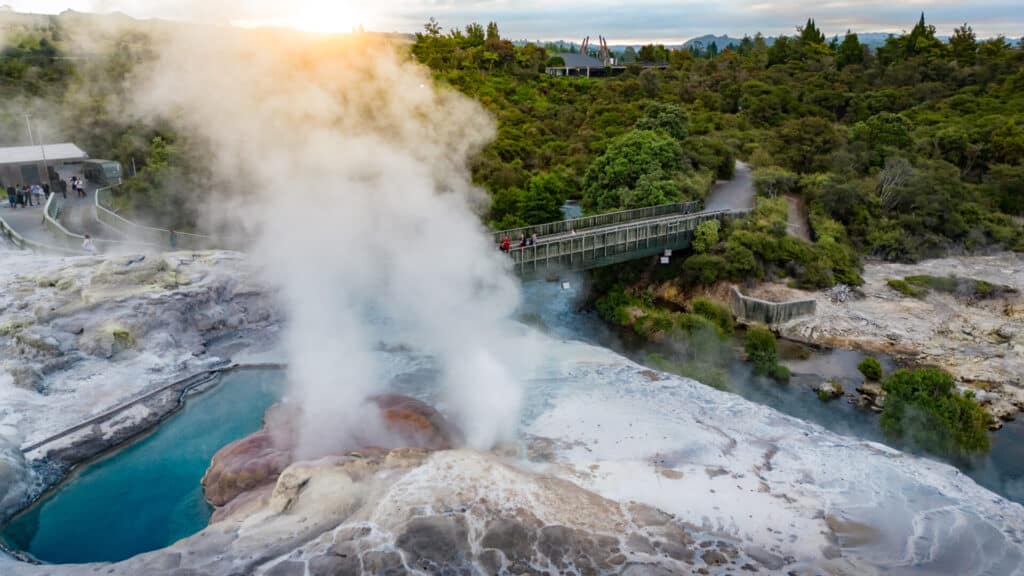 Pōhutu geyser in eruption at Te Puia in the Whakarewarewa Geothermal Field. 